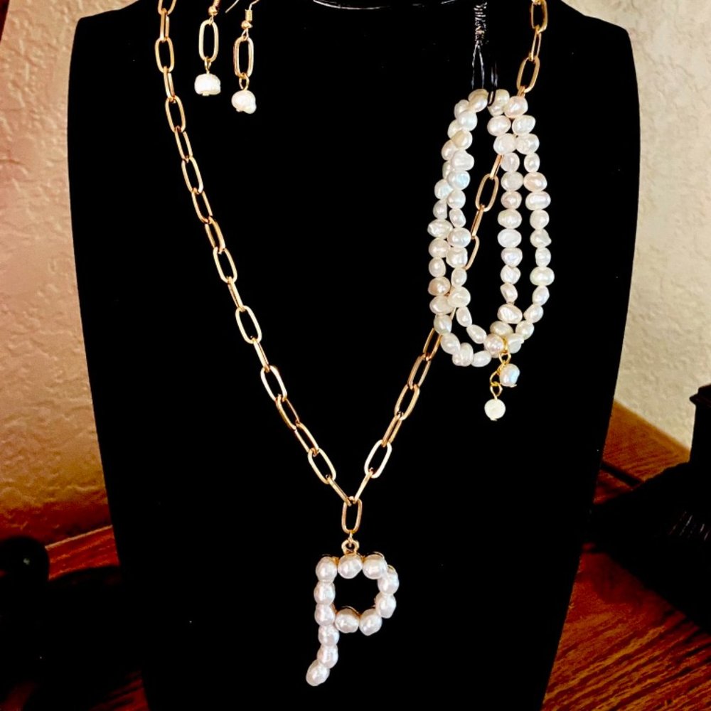 "P" or "B" Faux Pearl Gold tone Necklace, Bracelets, Earrings and Ring Set,OOAK